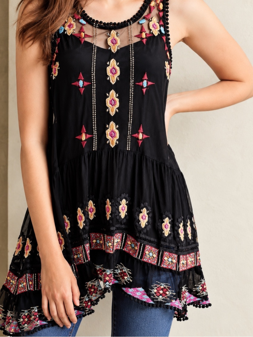 Anthropologie HD in Paris Black Embroidered Boho Tunic Dress Medium